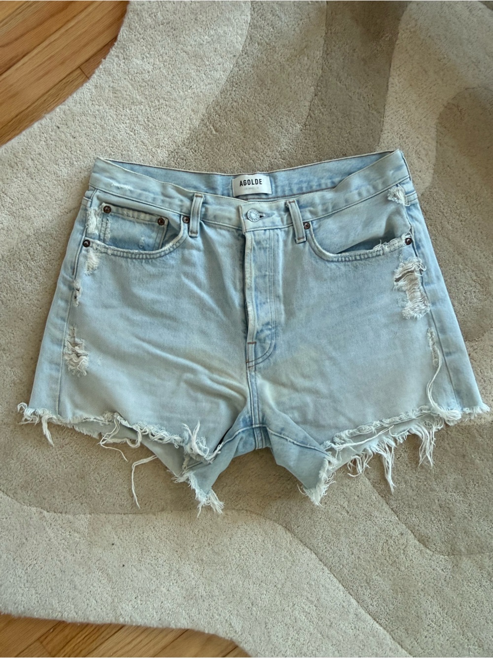 Agolde Light Blue Distressed Denim Shorts